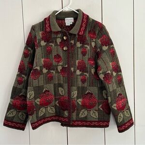 Cherry Lewis Rose Motif Wool Cardigan Sweater Pewter Button Grandma Core
